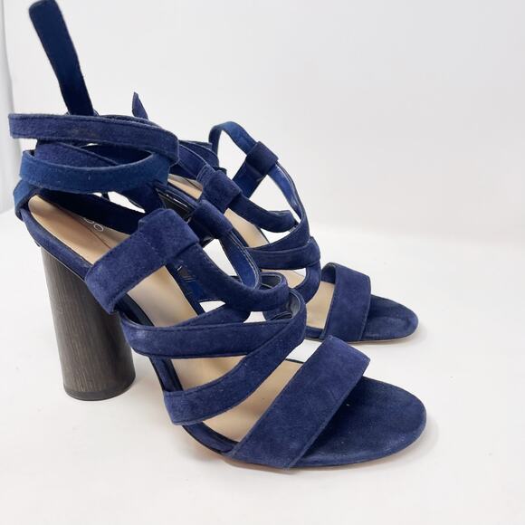 Aldo Womens 6.5 Navy Blue Lace Up Suede Heels 4" Round Wood Heels Open Toes - Picture 5 of 16